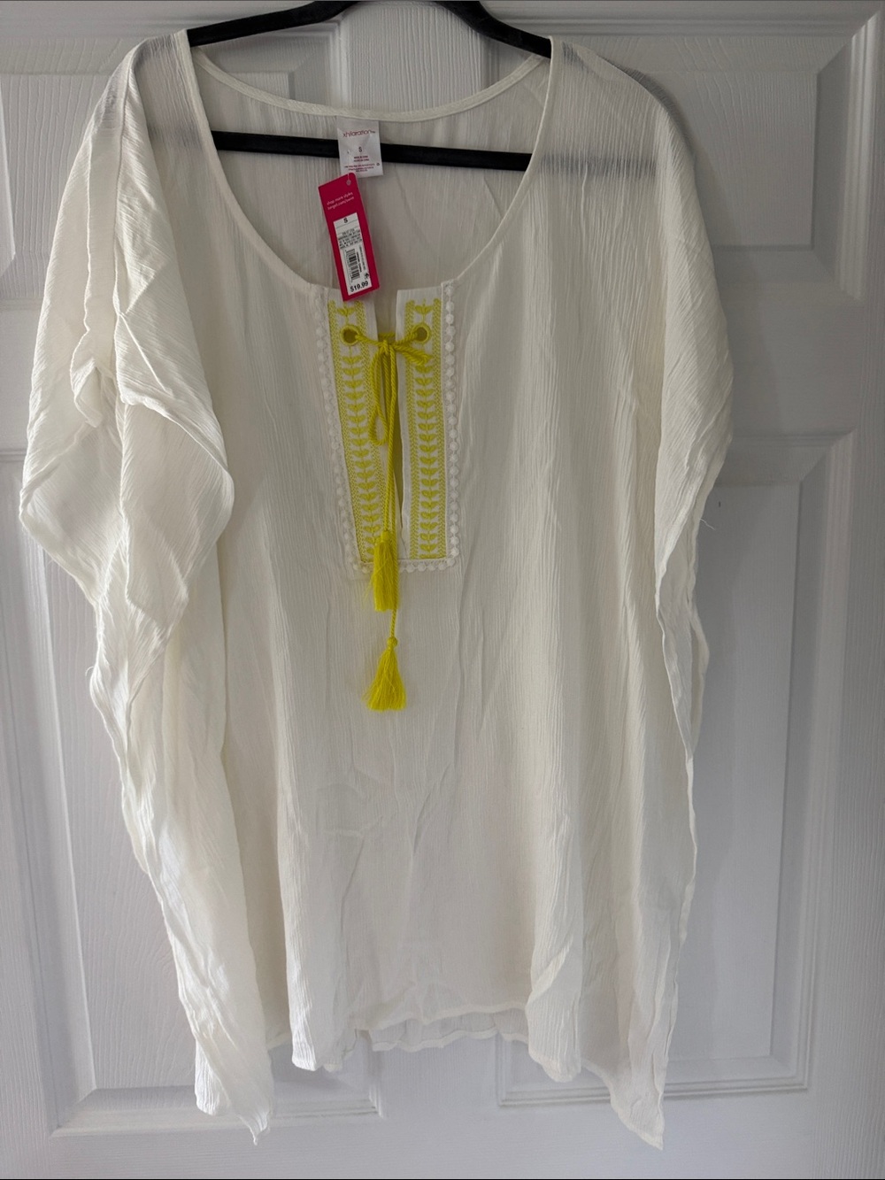 Xhiliaration White with Yellow Embroidered Tassel Beach Cover Up